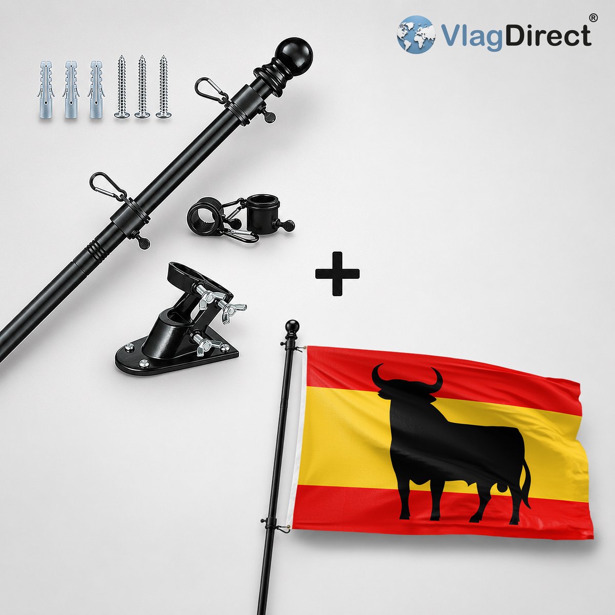 VlagDirect - Compleet vlaggenpakket - Zwarte vlaggenstok inclusief vlaggenstokhouder + Spaanse vlag met stier - Spanje vlag met stier - 90 x 150 cm.