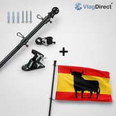 Compleet vlaggenpakket met zwarte vlaggenstok, houder, bevestigingsmateriaal en een Spaanse vlag met zwarte stier.