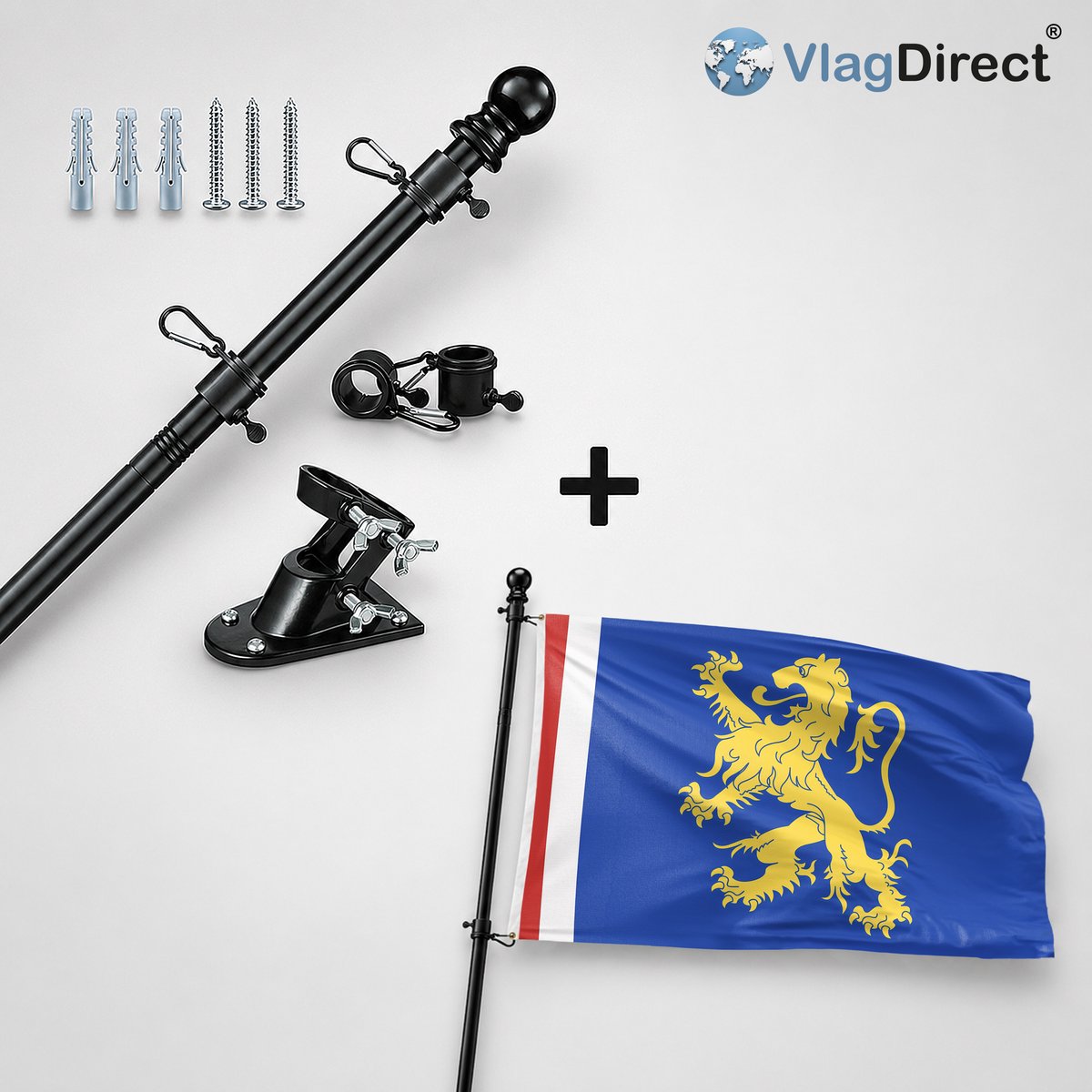VlagDirect - Compleet vlaggenpakket - Zwarte vlaggenstok inclusief vlaggenstokhouder + Leeuwarden vlag - Gemeente Leeuwarden vlag - 90 x 150 cm.