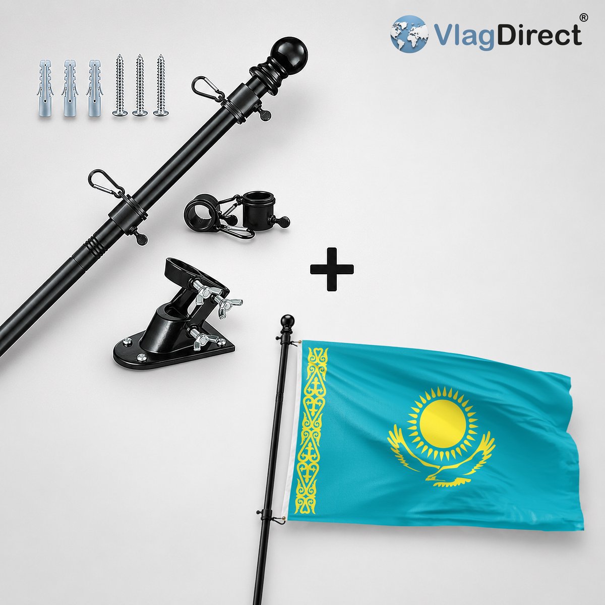 VlagDirect - Compleet vlaggenpakket - Zwarte vlaggenstok inclusief vlaggenstokhouder + Kazachse vlag - Kazachstan vlag - 90 x 150 cm.