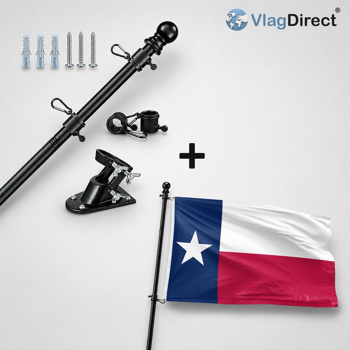 VlagDirect - Compleet vlaggenpakket - Zwarte vlaggenstok inclusief vlaggenstokhouder + Texaanse vlag - Texas vlag - 90 x 150 cm.