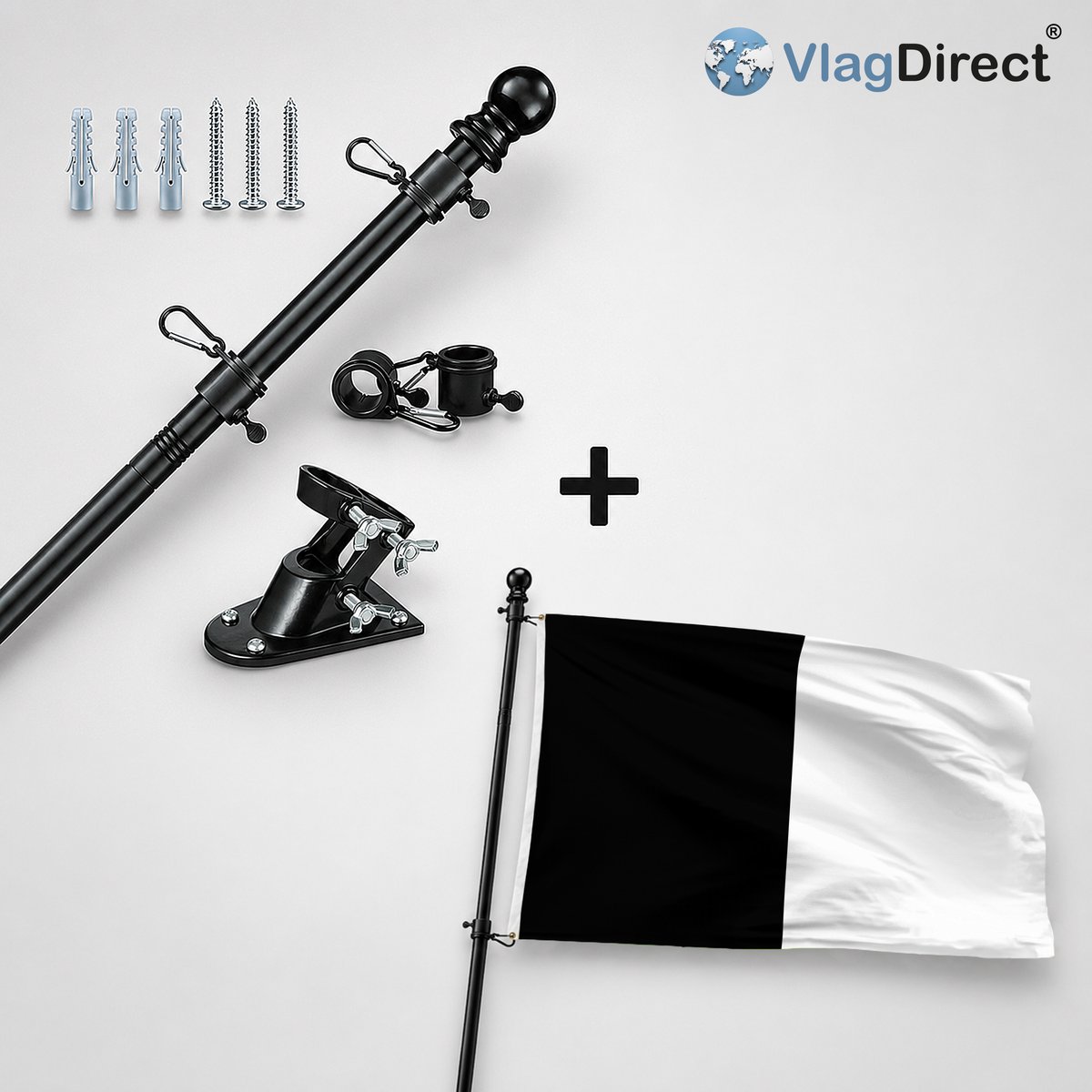 VlagDirect - Compleet vlaggenpakket - Zwarte vlaggenstok inclusief vlaggenstokhouder + Sint-Lambrechtse vlag - Gemeente Sint-Lambrechts-Woluwe vlag - 90 x 150 cm.