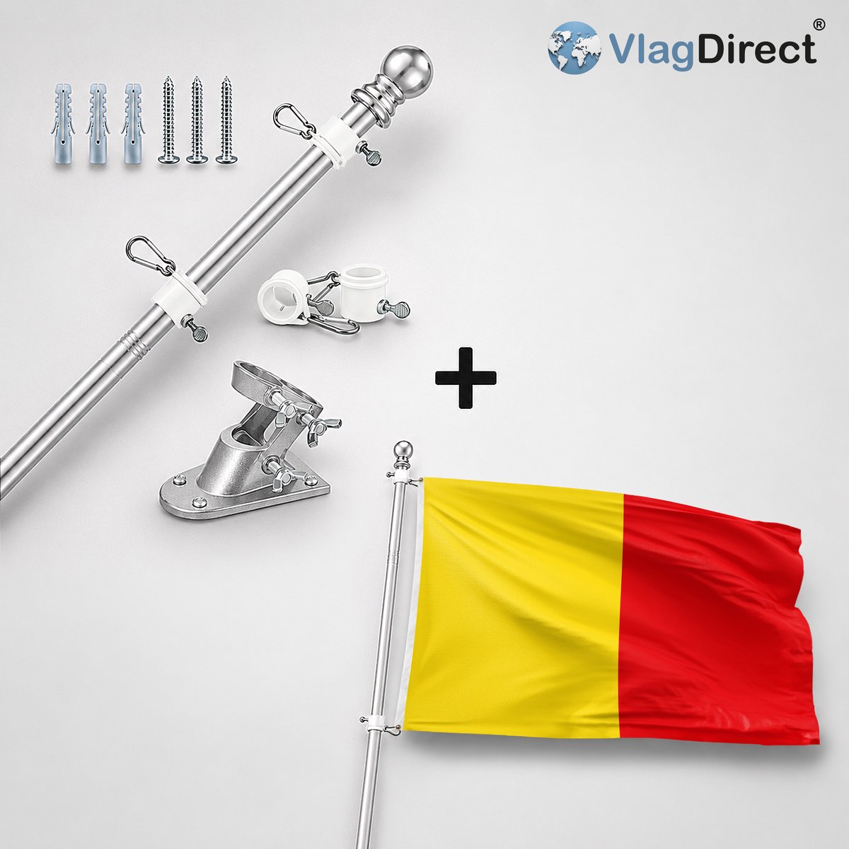 VlagDirect - Compleet vlaggenpakket - Zilveren vlaggenstok inclusief vlaggenstokhouder + Napolitaanse vlag - Napels vlag - 90 x 150 cm.