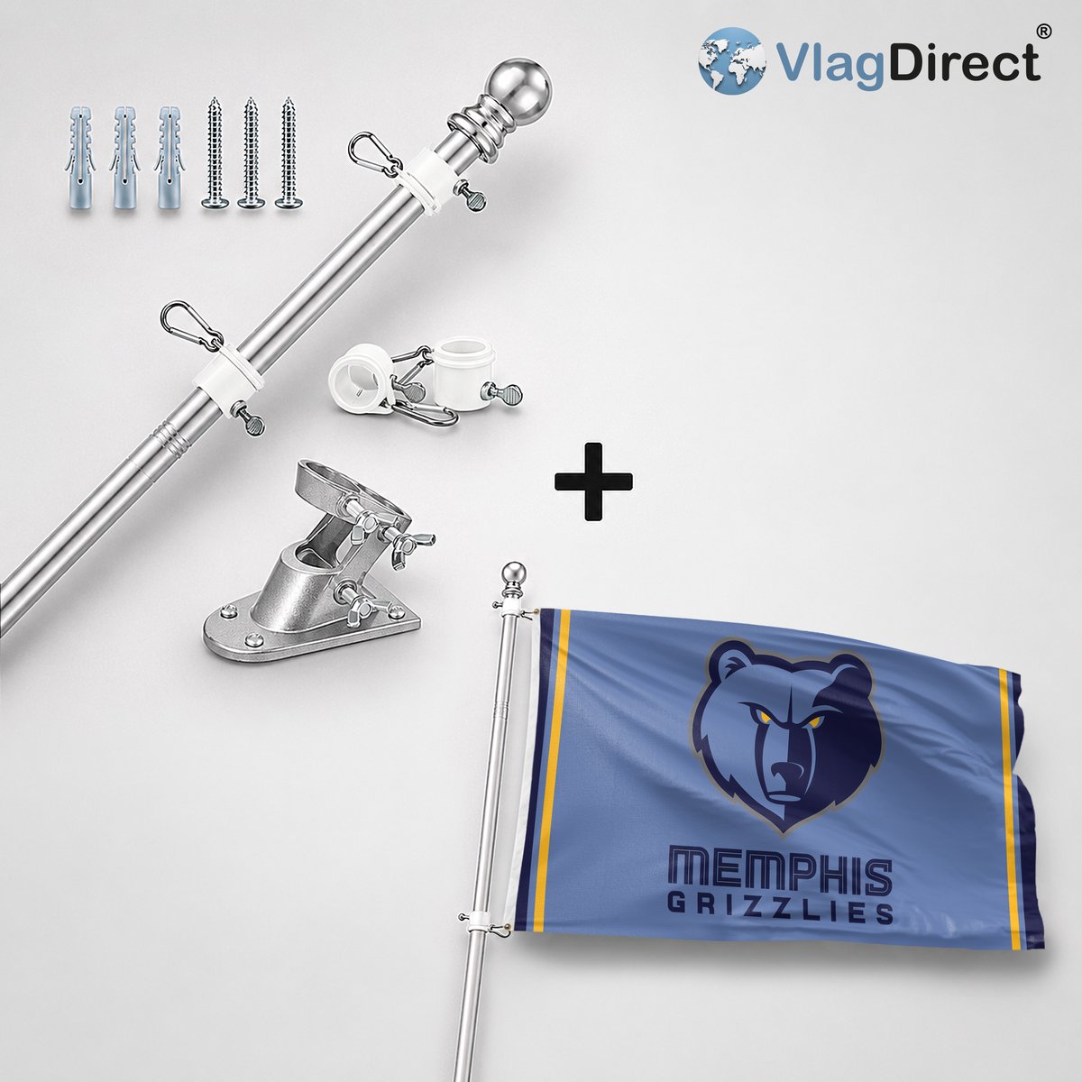 VlagDirect - Compleet vlaggenpakket - Zilveren vlaggenstok inclusief vlaggenstokhouder + Memphis Grizzlies vlag - Memphis Grizzlies basketbalteam vlag - 90 x 150 cm.