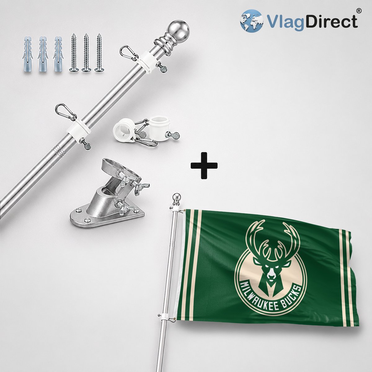 VlagDirect - Compleet vlaggenpakket - Zilveren vlaggenstok inclusief vlaggenstokhouder + Milwaukee Bucks vlag - Milwaukee Bucks basketbalteam vlag - 90 x 150 cm.
