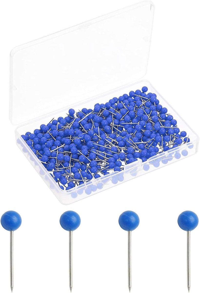 Veelzijdige spelden met kop - landkaart - mini punaises - ronde pinninnetjes voor prikbord - kurkplaat - landkaart - foto's - handwerk - 0 - 4 x 1 - 5 cm (blauw-300)