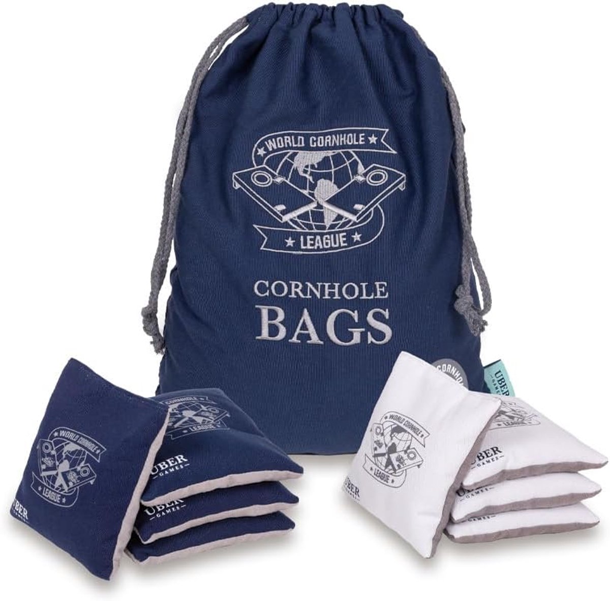 Uber Games - World Cornhole League - 8 Professional Cornhole Bean Bags - 4 Navy & 4 White - ShopVlot