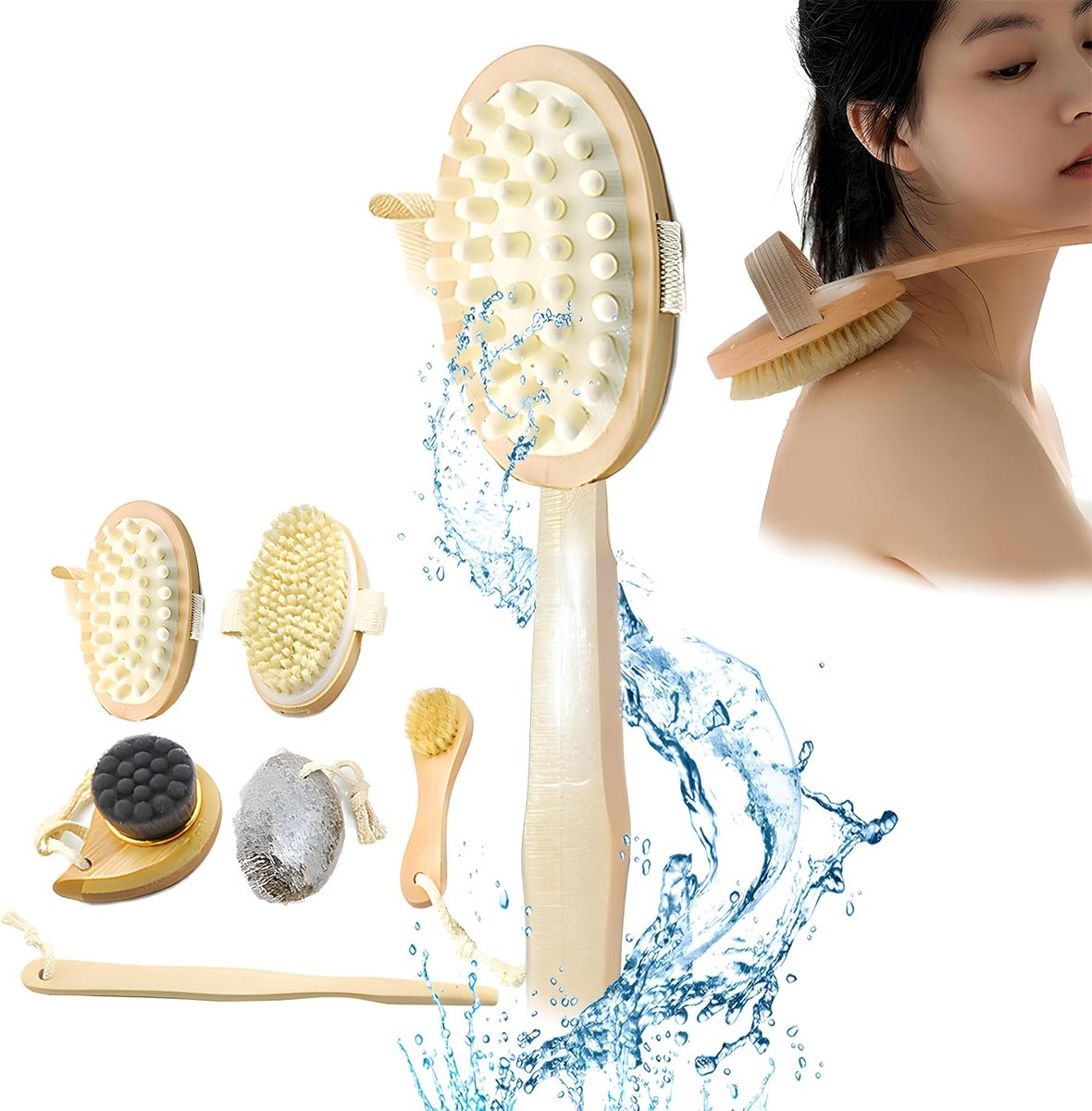 Back Shower Brush, Back Brush with Long Handle, Body Brush with Natural Bristles, Set of 6 with Massager, Pumice Stone - ShopVlot
