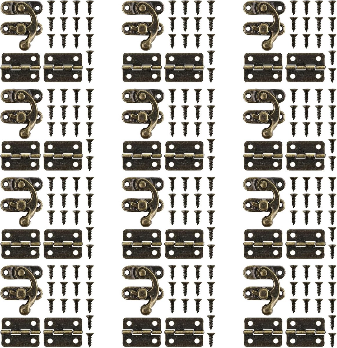 Set of 36 Antique Locking Hooks, 12 Locking Hooks, Padlock + 24 Small Hinges with Screws for Jewellery Box, Wooden Case - ShopVlot