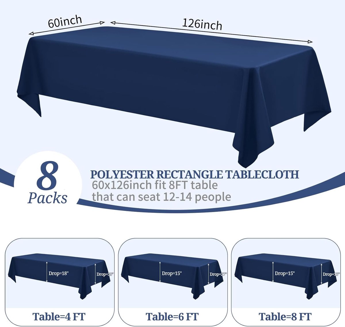 Pesonlook 8pcs Navy Blue Polyester Tablecloths 60x126 Inch for 2.4m Rectangular Tables Washable Rectangle Polyester - ShopVlot