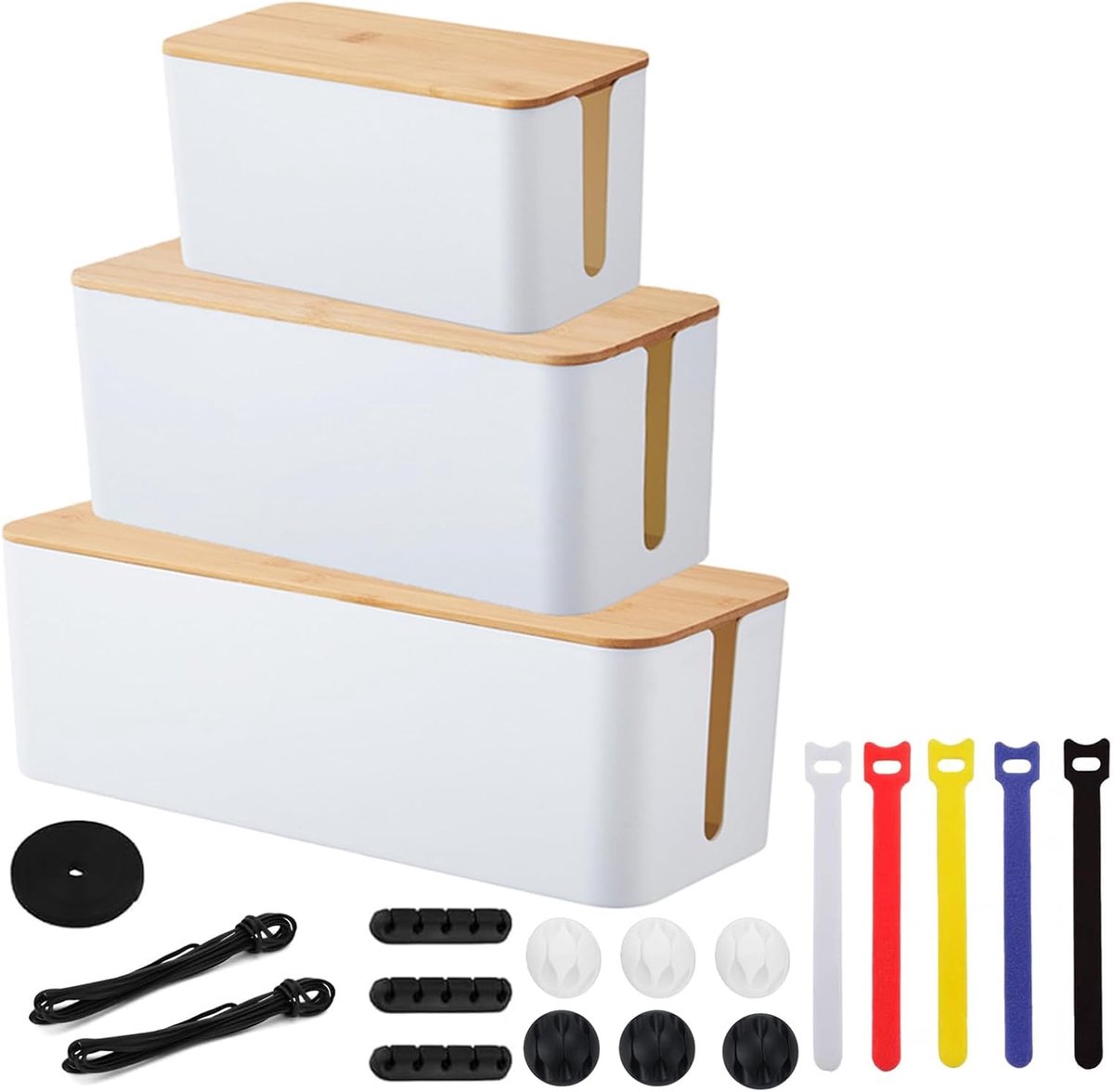 3 Pack Cable Box, White, 3 Sizes Cable Management Box, Cable Organizer Box with Bamboo Lid, Cable Storage Box for - ShopVlot