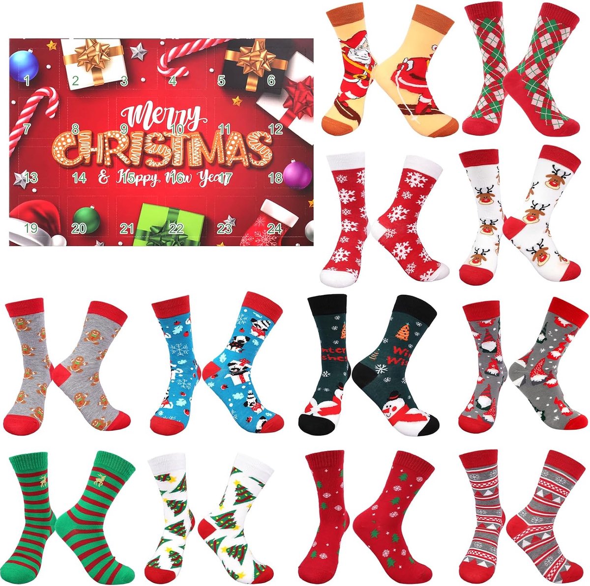 Socks Advent Calendar 2025 Women Men, Christmas Vacation Socks Advent Calendar, 12 Pairs (24 Pieces) 24 Days Countdown - ShopVlot