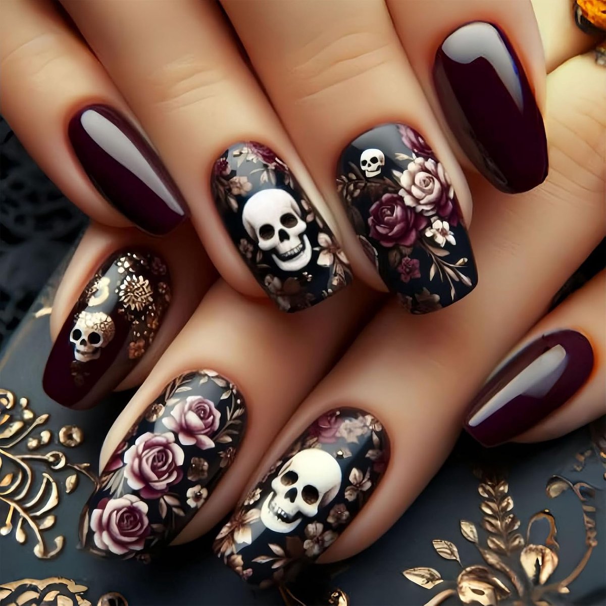 24 stuks press-on nagels, doodskop, zwart, zelfklevend - Zelfklevende press-on nagels met doodshoofd en botten, incl. - ShopVlot