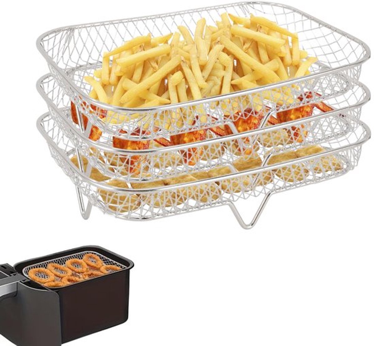 3 Stuks Air Fryer Racks - Rectangulaire Stapelbare RVS Bakmanden - Voor Fruit en Vlees