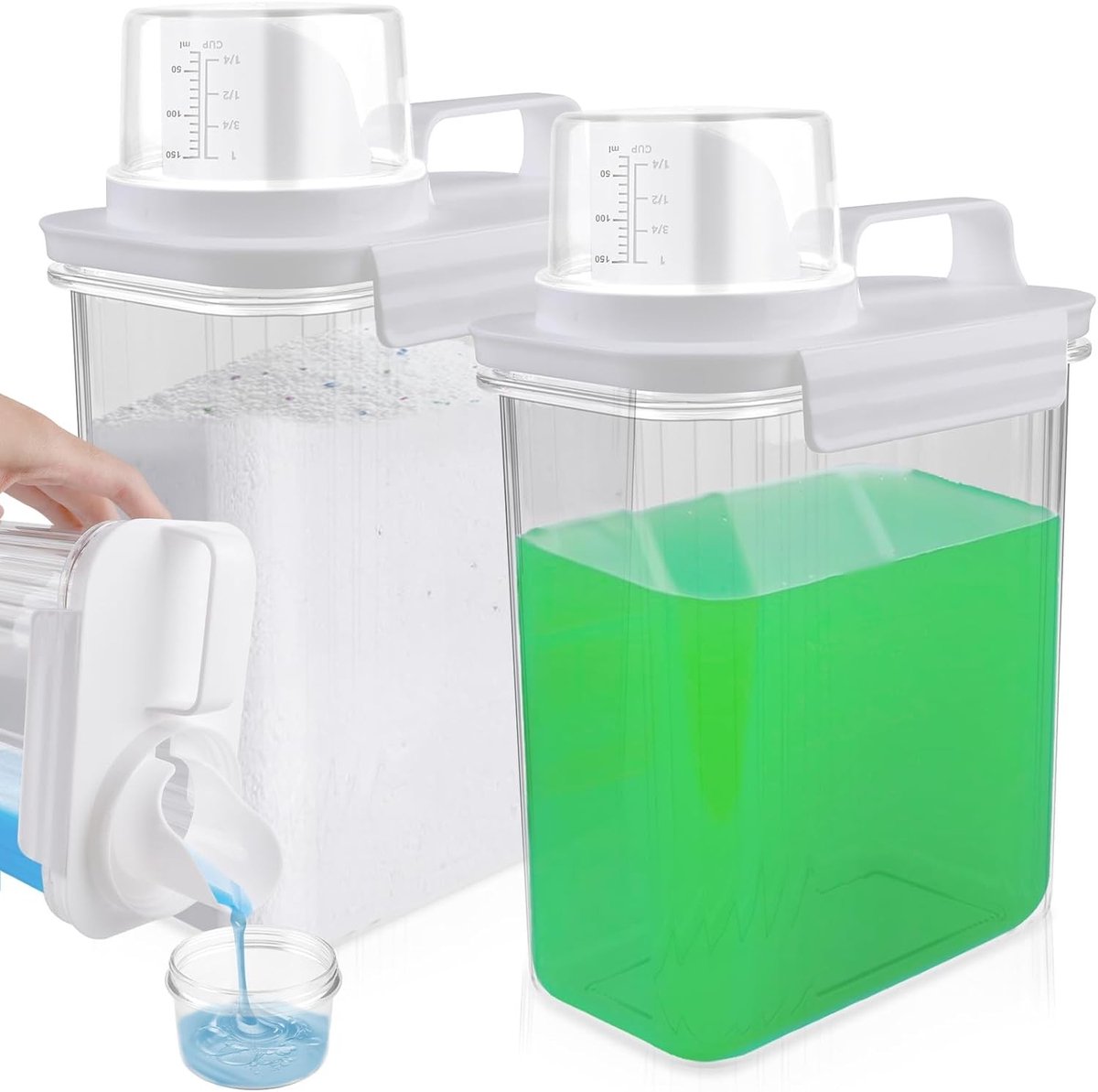 Luchtdichte Wasmiddeldispenser - Transparant - 2000 ml - Met Maatbeker - Voor Wasmiddel en Waspoeder