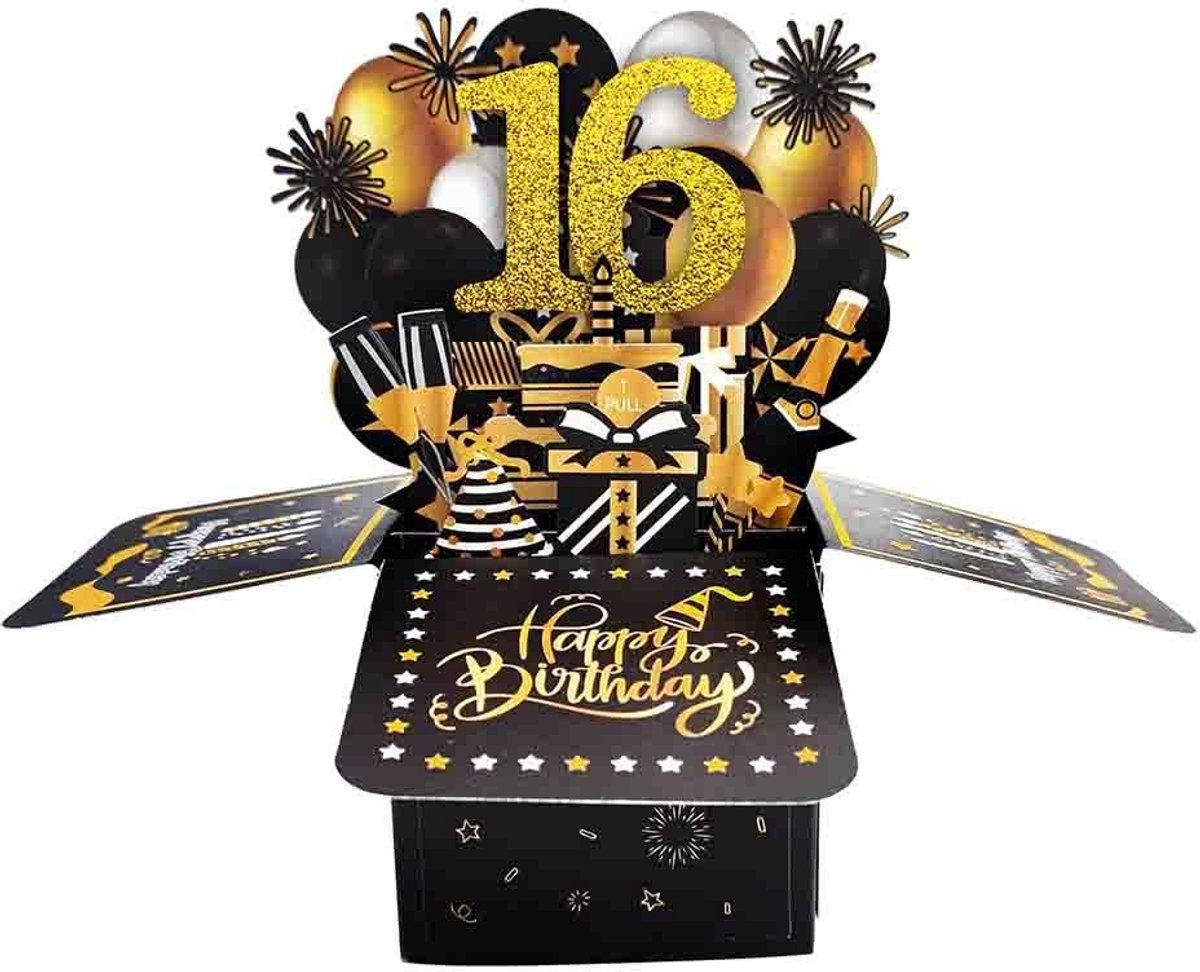 Solidchoice - 3D Verjaardagskaart voor 16e Verjaardag in Zwart en Goud