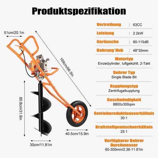 Benzine Grondboor - Paalboor Machine - Gaten Boren Tuin - Inclusief 30cm Boor - 63CC Motor - Oranje — afbeelding 4
