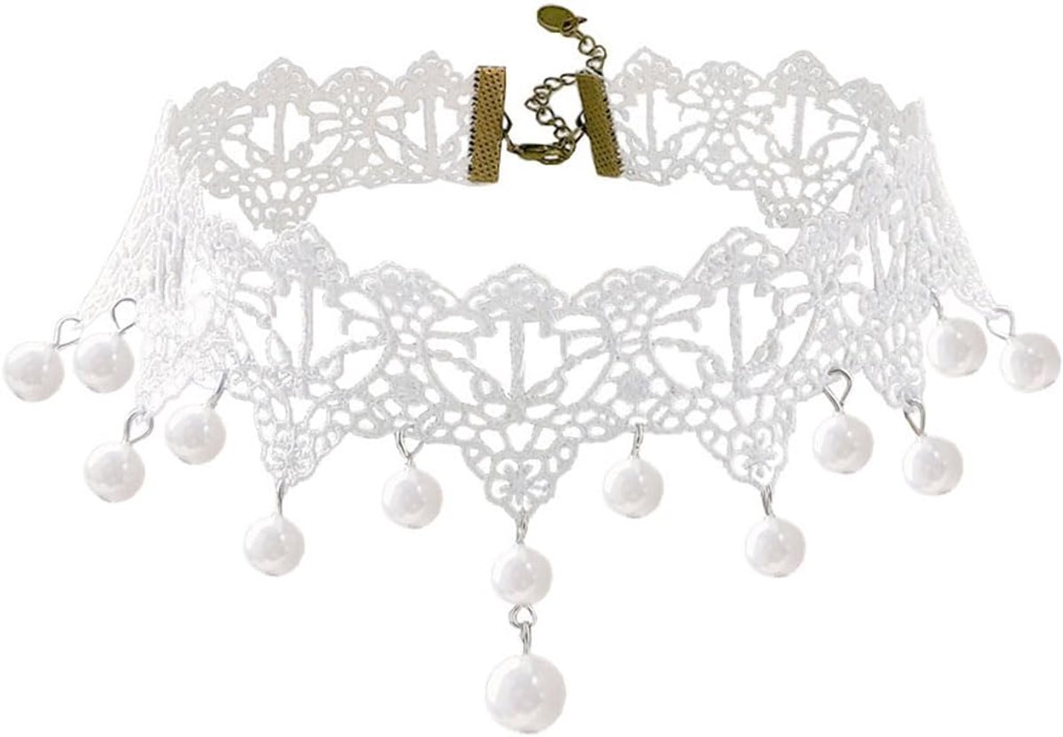 Gothic persoonlijke ketting - witte sexy kant kraag - met franjes en edelstenen - perfect voor Halloween - ShopVlot