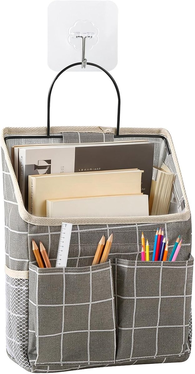 Wandhangende organizertas - stoffen manden met metalen frame - stijlvolle hangzakjes met gaasvak - ShopVlot