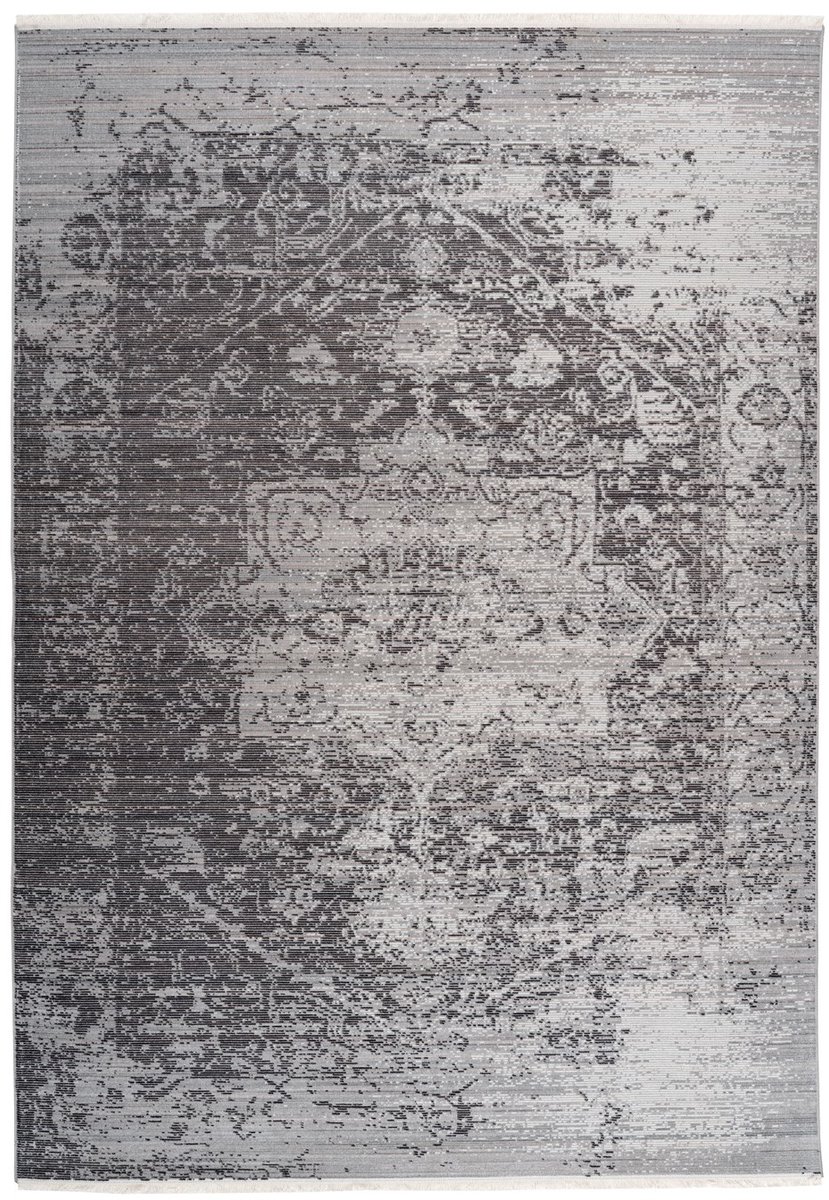 Padiro laagpolig vloerkleed 160 x 230 cm - antraciet - vintage oosters design - met franjes - geschikt voor vloerverwarming - van polypropyleen