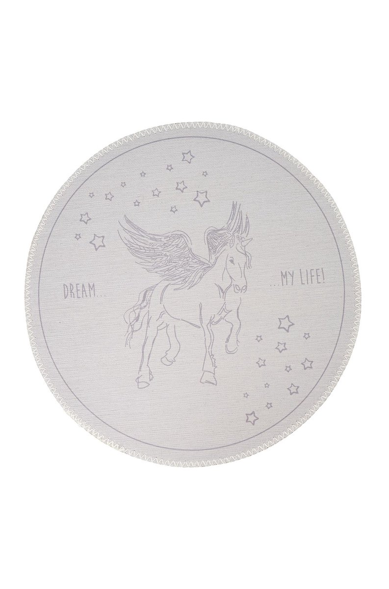 Padiro rond laagpolig kindervloerkleed Ø 160 cm - grijs - met paard / pegasus kindermotief - geschikt voor kinderkamer en vloerverwarming - van polyester
