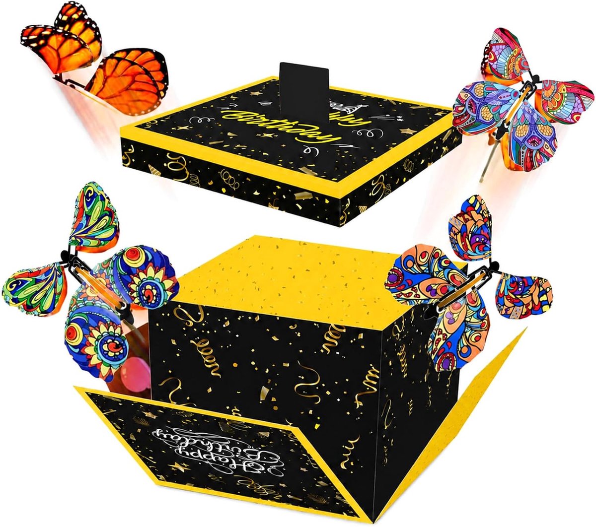 Vlinder explosie geschenkdoos 15 x 14,8 x 12,5 cm - zwart-goud - verrassingseffect - magische geschenkverpakking - ShopVlot