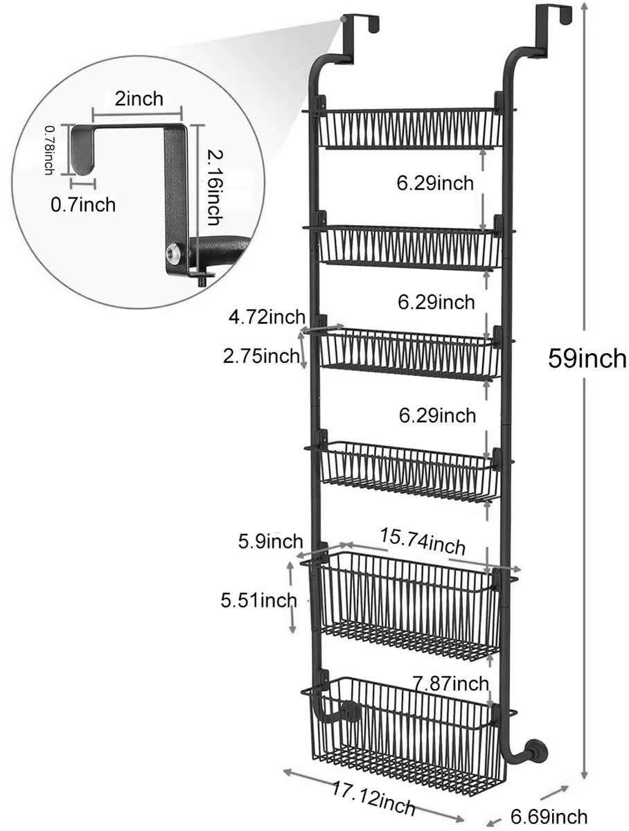 Cherrys Finds - Opbergrek - Hangende Opberger voor Deur - 6 Laags - Stalen Opbergrek - Kast Organizer - Zonder Boren - Zwart Keuken