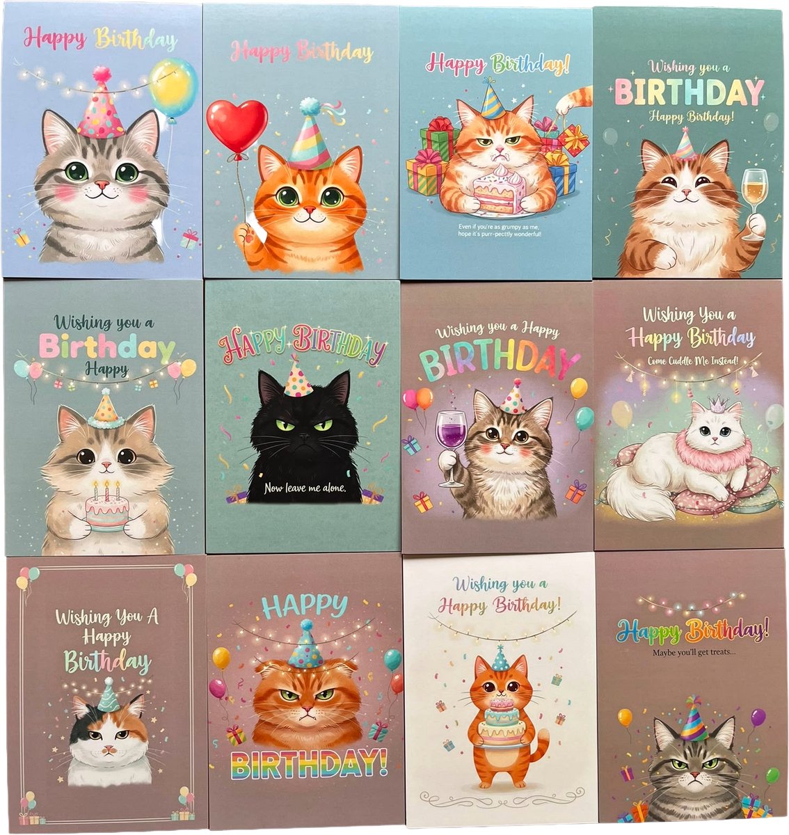 Katten Verjaardagskaarten Set van 12 Stuks met Enveloppen - Grappige Kattenkaarten A6 - FIFO - Boze Kat, Sassy Cat, Kat met Wijnglas, Angry Cat, Kitty, Taart, Ballon, Champagne