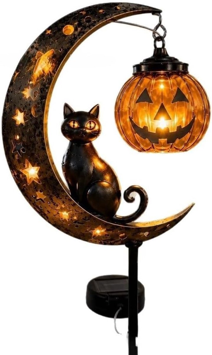KZQ Solar zwarte kat en pompoen maanstaaklamp 85 cm - Halloween tuindecoratie van weerbestendig PET - Voor sfeervolle buitenverlichting in tuin en erf - Multicolor