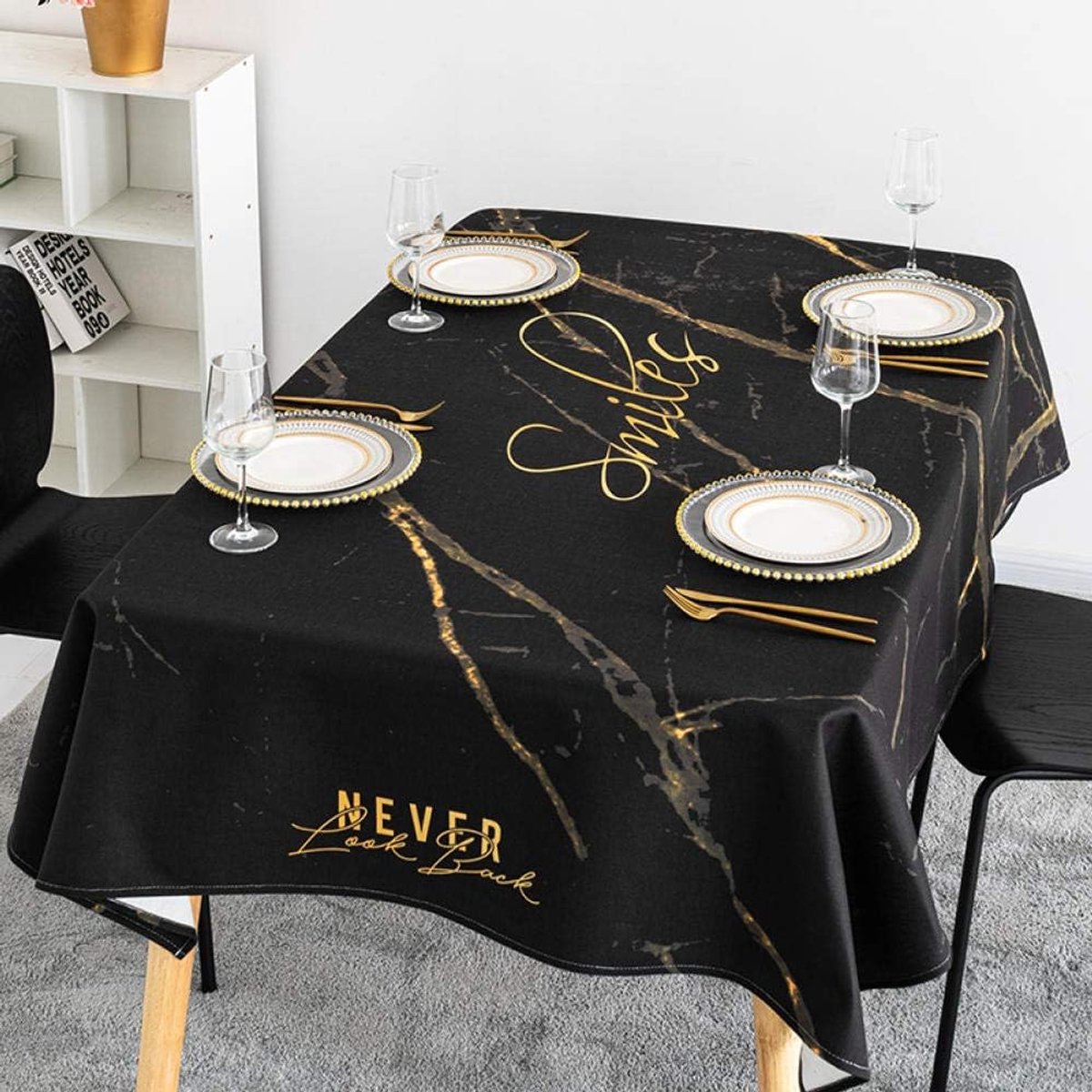 Tablecloth black gold simple Nordic cotton linen waterproof and oiltight disposable desk cloth - ShopVlot
