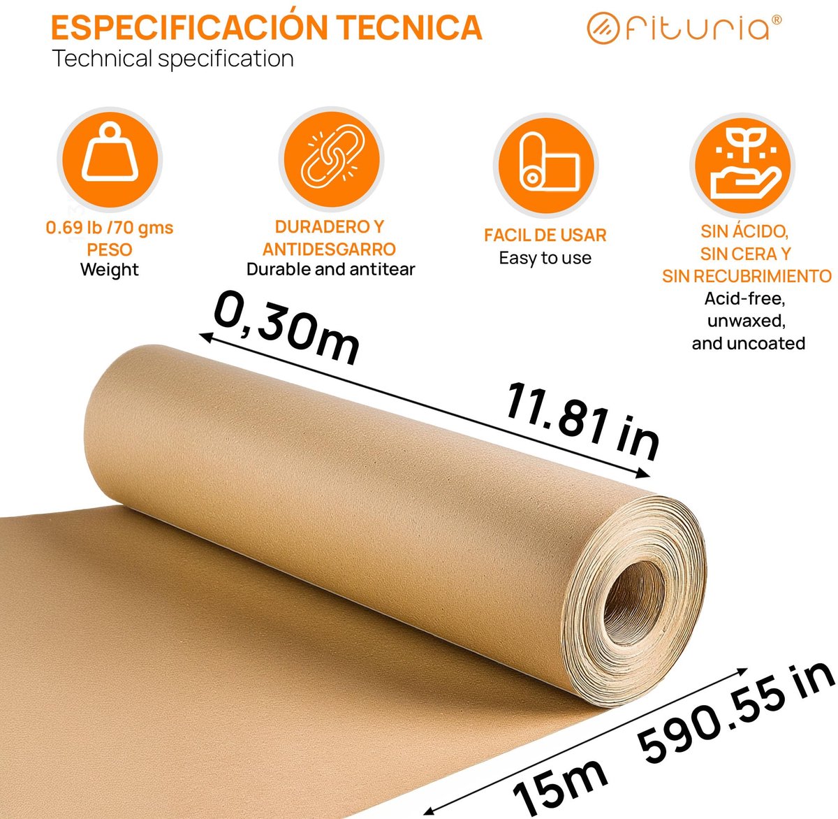 OFITURIA Naturbruin kraftpapier, 70 g/m², rol 0,30 x 15 m, verpakking met 3 rollen, gerecycled papier voor - ShopVlot