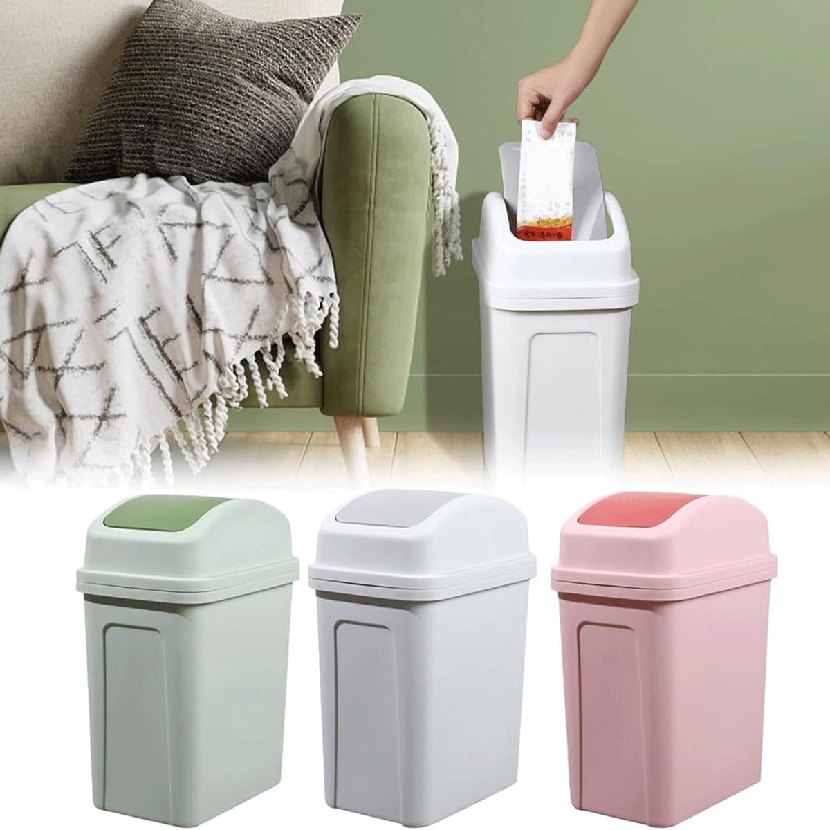 Huishoudelijke prullenbak Woonkamer Keuken Spleet Verdikte Schuddeksel Geperst Plastic Crème Windriem Deksel Prullenbak - ShopVlot