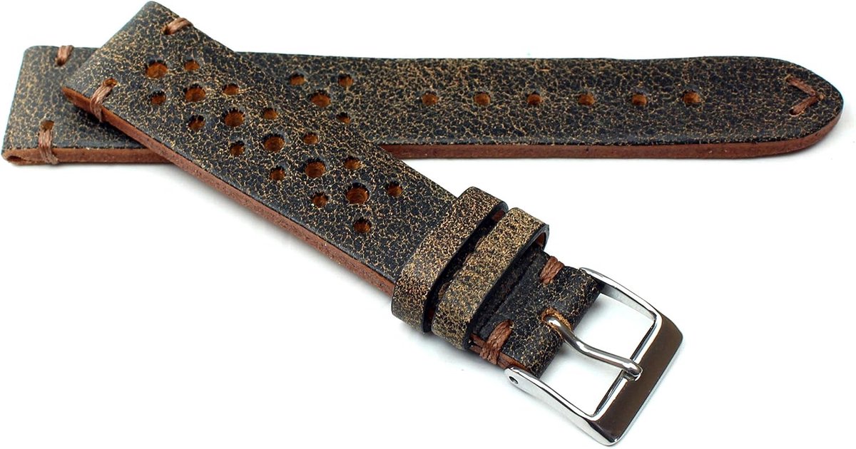 19mm Fluco Racing Vintage Cowhide Leather Watch Strap Handmade in Germany Robust Brown Tone Seam, Brown silver clasp - ShopVlot