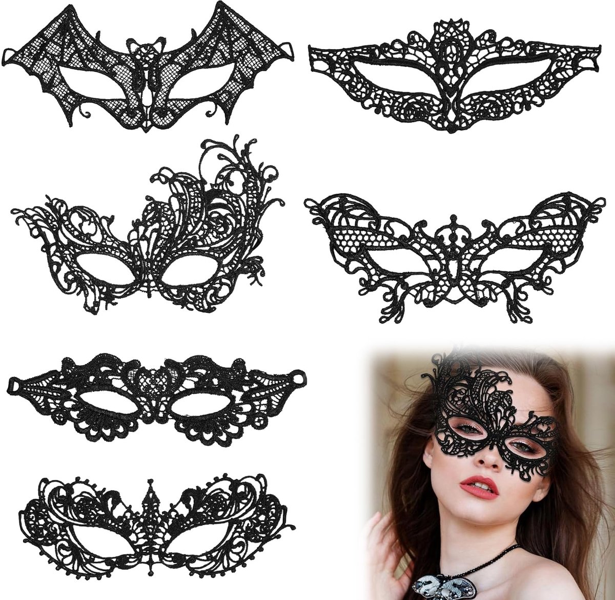 Rakiuty Kanten masker, 6 stuks Venetiaans masker kant voor dames, zwart kanten oogmasker voor vrouwen, oogmasker voor - ShopVlot