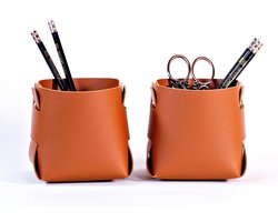 NALsa notebook 1-Pack Brown Leather Pen Holder Desktop Desk Organizer Multifunction Storage Box Cosmetic Supplies - ShopVlot