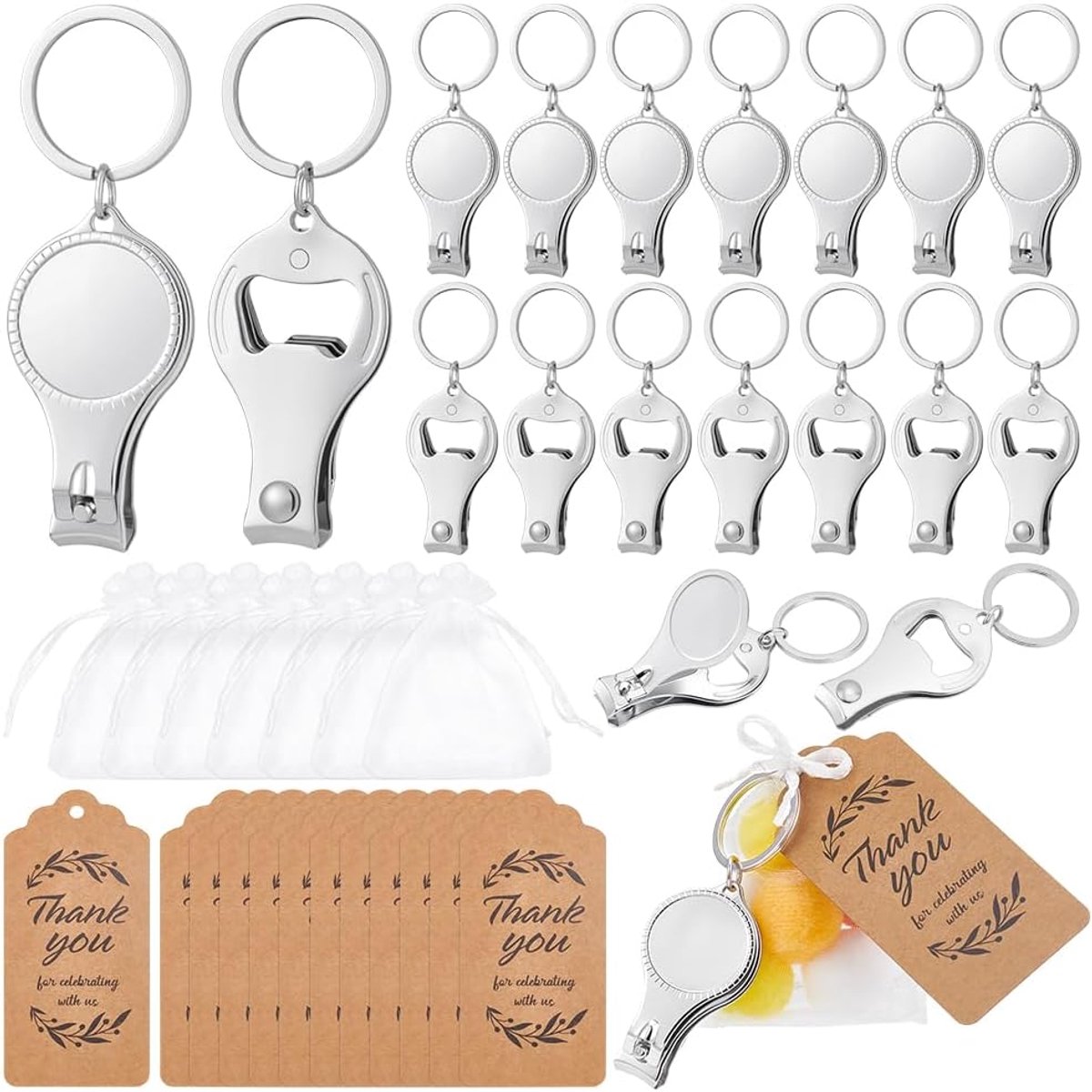 Set van 60 sleutelhangers, nagelknipper, nagelknipper - 3-in-1 flesopener sleutelhanger met bedanketiketten van - ShopVlot
