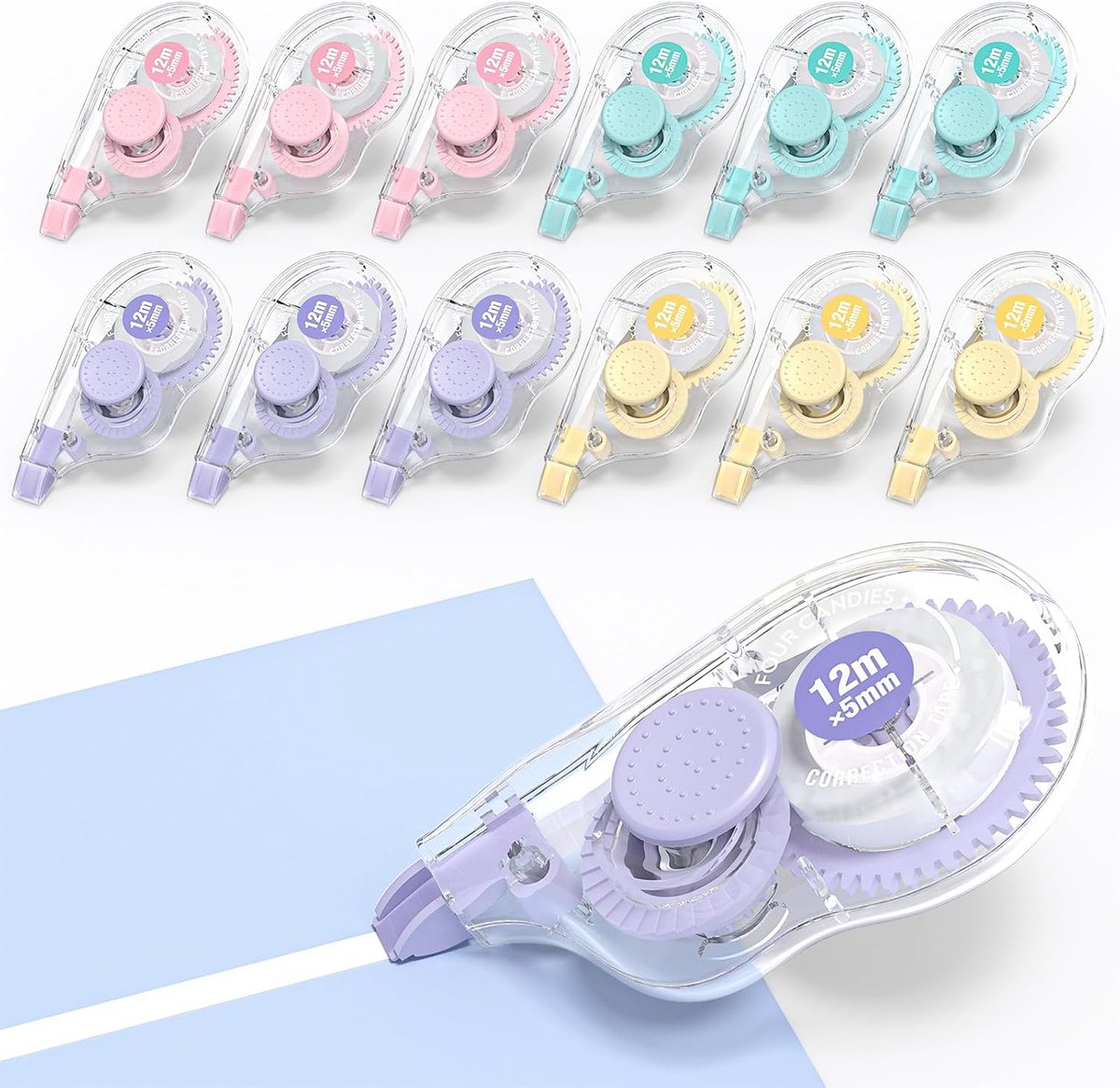 Four Candies White Correction Tape, 12 Metres, Pack of 12, Easy to Use Applicator for Instant Corrections - ShopVlot