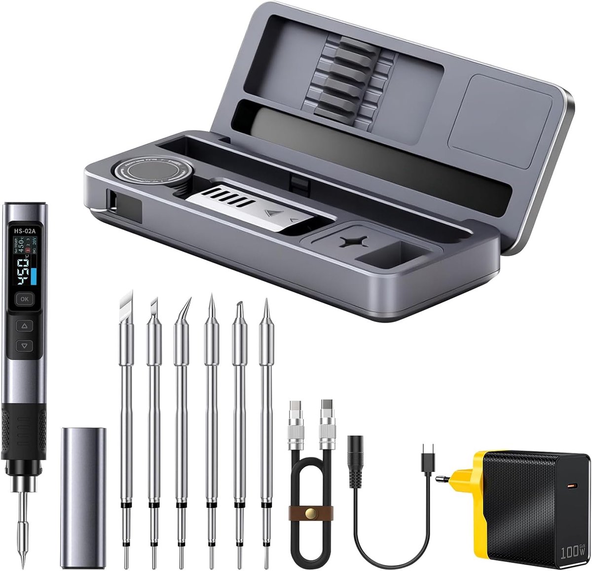 HS-02A 100W Portable Soldering Iron Set with Storage Case, Intelligent Digital Mini Soldering Iron, DC/PD Soldering - ShopVlot