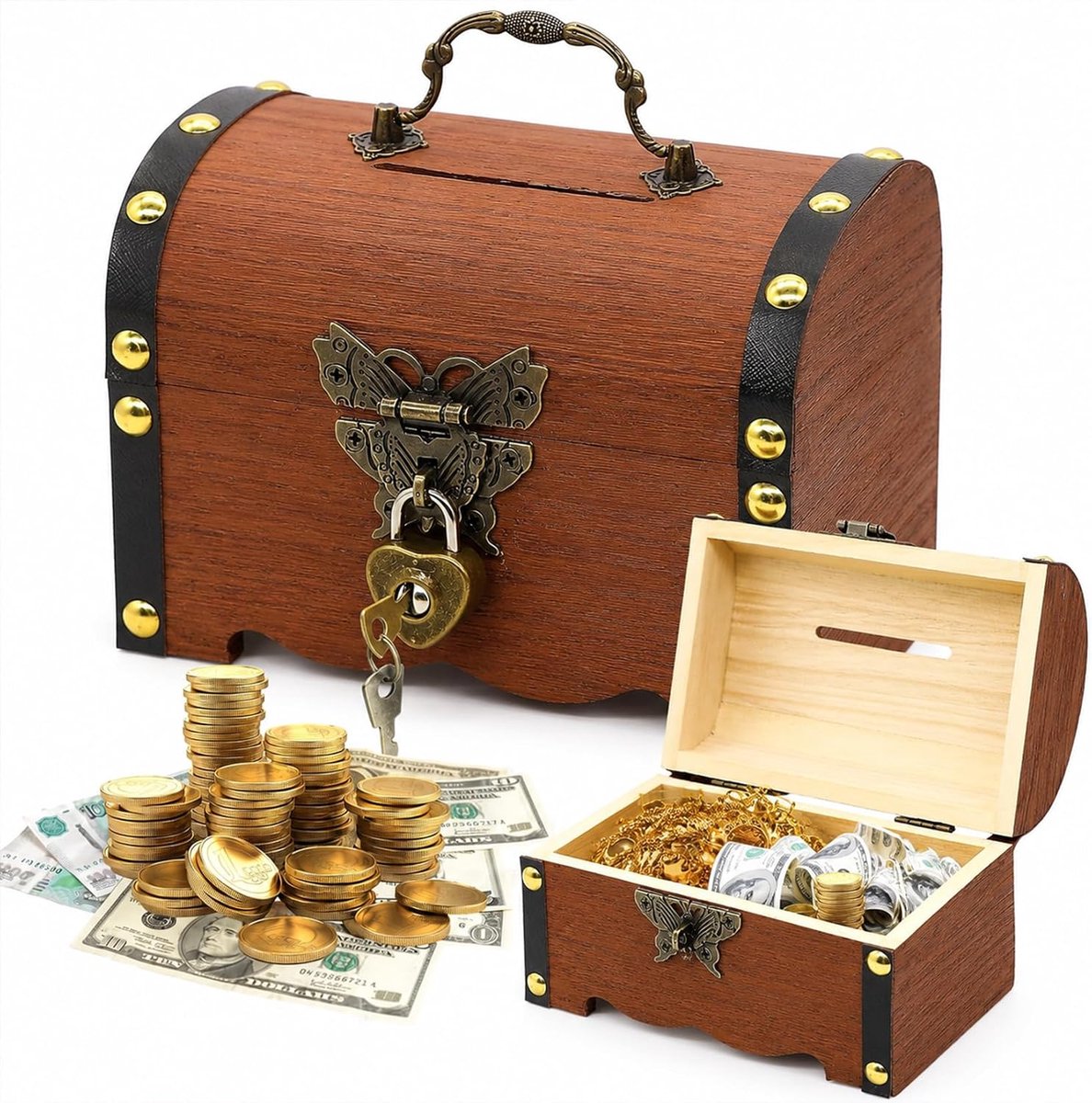 Schatkist spaarpot met sleutel 15x10x10cm - Houten piraten-schatkist - Vintage ontwerp - Perfect voor kinderverjaardag - ShopVlot