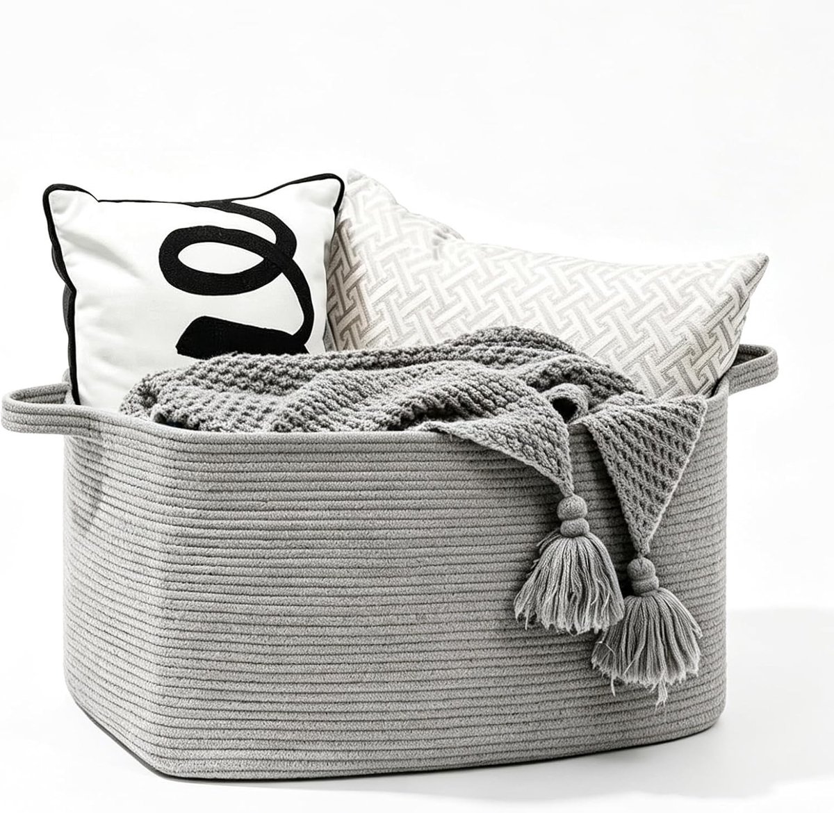 Gevlochten wasmand 50 liter met handgrepen voor het opbergen van kleding, speelgoed en dekens, 46 x 36 x 30 cm, grijs