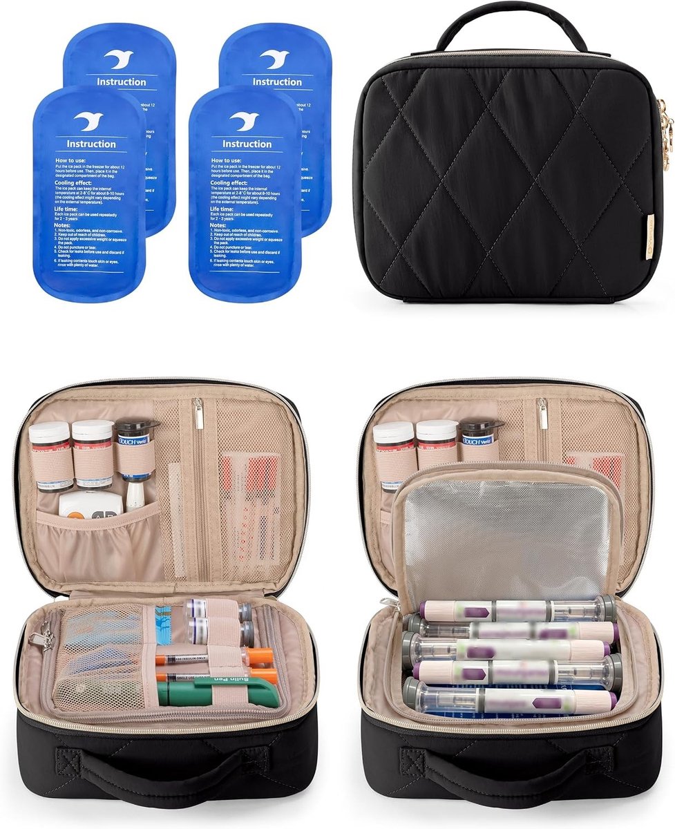 Insuline koeltas voor 8 Zepbound/Mounjaro, met 4 herbruikbare ijspakken, waterdicht en TSA-vriendelijk, ideaal voor onderweg en compact opbergbaar