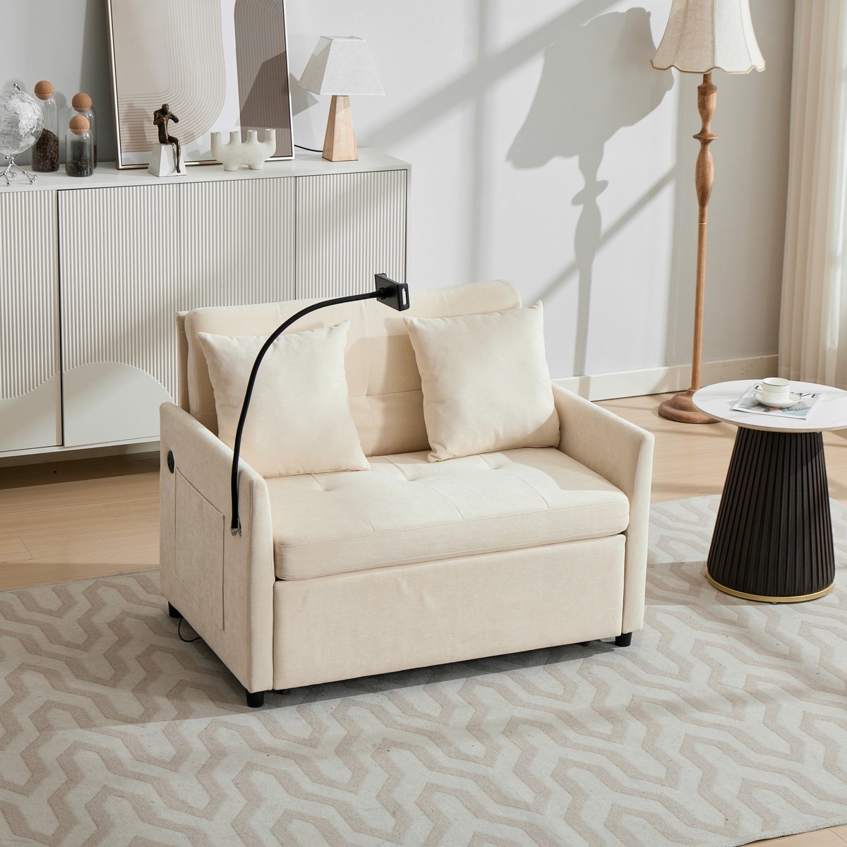 DESMIU Slaapbank 1-Zits - Uitklapbaar Multifunctioneel Met USB Oplaadpoort En Tablethouder - Voor Woonkamer, Kantoor En Studio - Stof - Beige