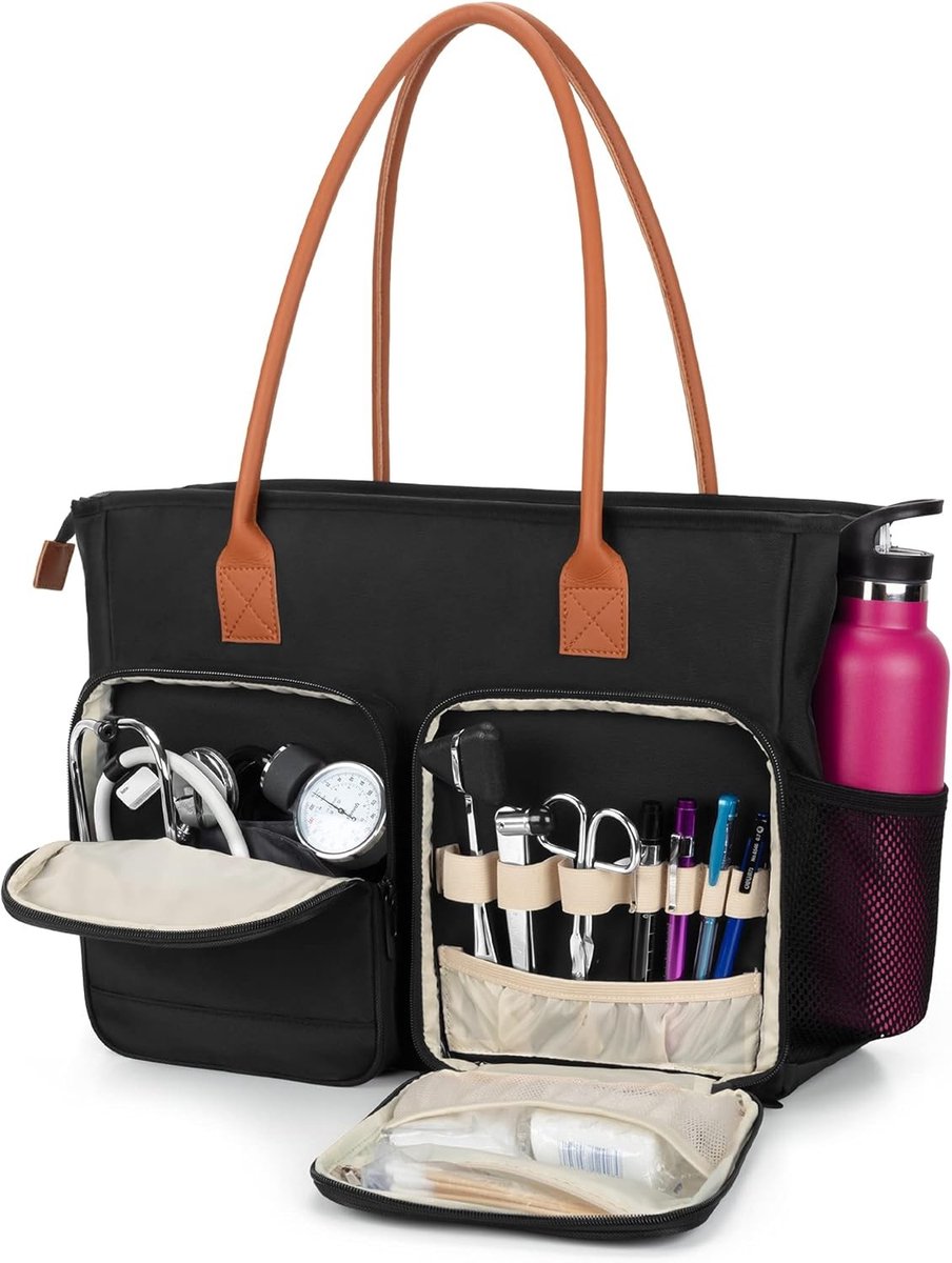 Draagbare Medische Tas met Schouderriem en Gevoerde Laptop Sleeve voor Verpleegkundigen, Ideaal voor Thuisbezoeken en Zorgwerk, Zwart
