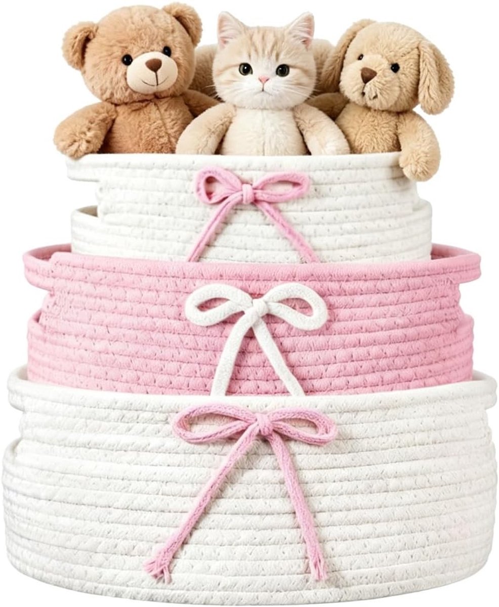 Set van 3 Roze Opbergmanden van Katoen, Gevlochten Mand met Handvat, Stapelbare Decoratieve Opbergoplossingen voor Organisatie en Opslag