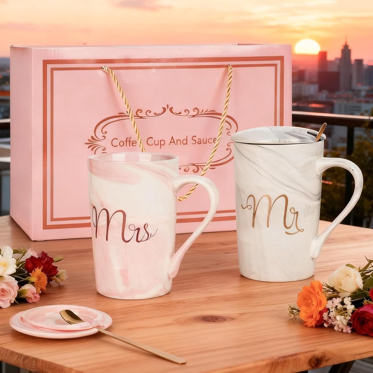 Set van 2 Koffiemokken voor Stellen, Perfect als Trouwen Geschenk, Huwelijkscadeaus voor Pasgetrouwden, Ceramische Mokken voor Verloving en Jubileum