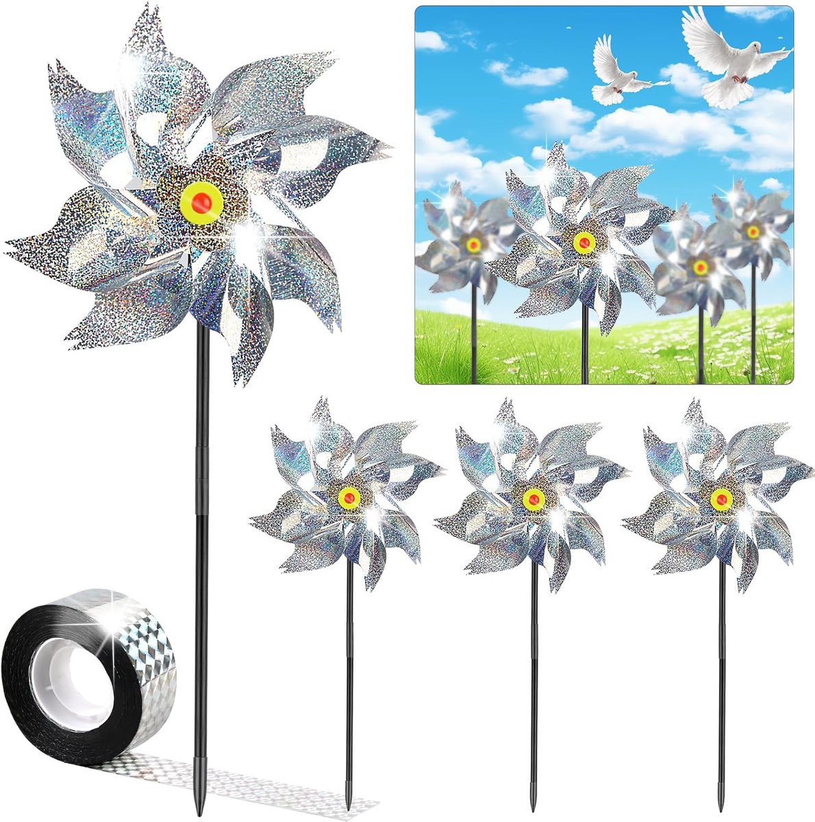 Windmolen voor vogels - reflecterend - set van 4 - kleurrijke tuindecoratie - afschrikken van vogels - ShopVlot