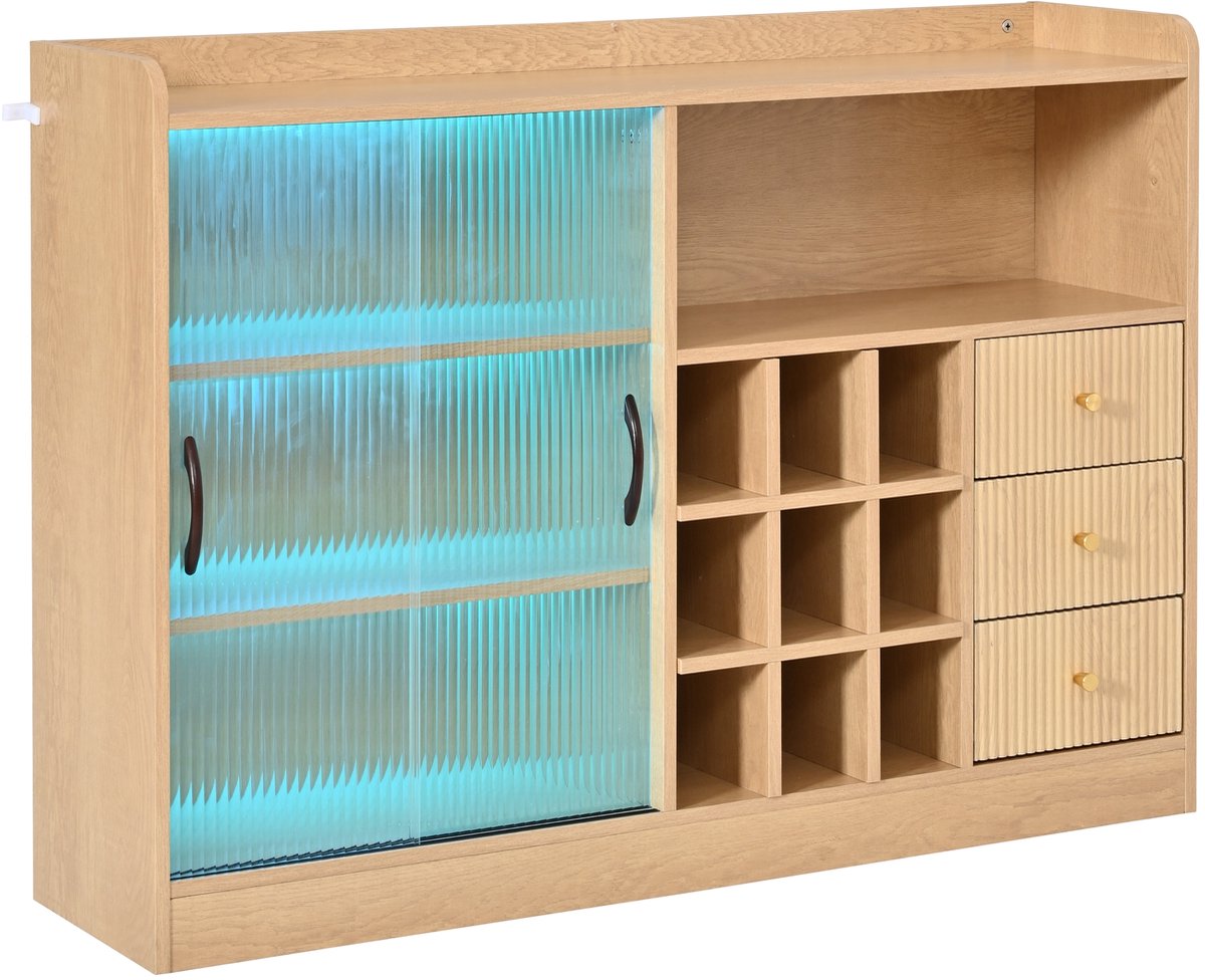 DESMIU Wijnkast - Retro Design Met Led Verlichting En Schuifdeuren - Voor Woonkamer En Eetkamer - Spaanplaat En Glas - 120x85x30 Cm - Naturel Hout