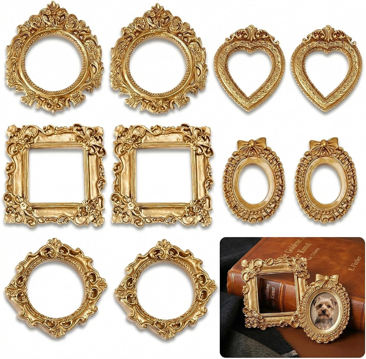 Mini fotolijsten vintage - 10 stuks - goudkleurig resin - voor poppenhuizen en decoratie - ShopVlot