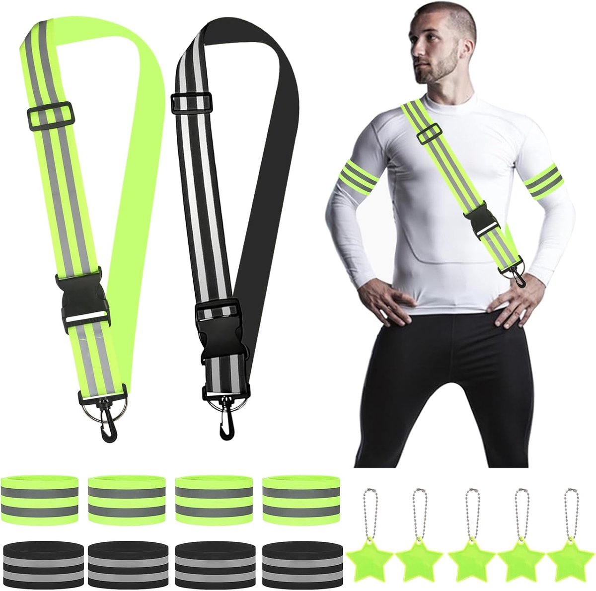 Reflector kledingset 15 delig - 2 verstelbare reflectorbanden - 8 reflectorbands - 5 reflectorhangers - ShopVlot