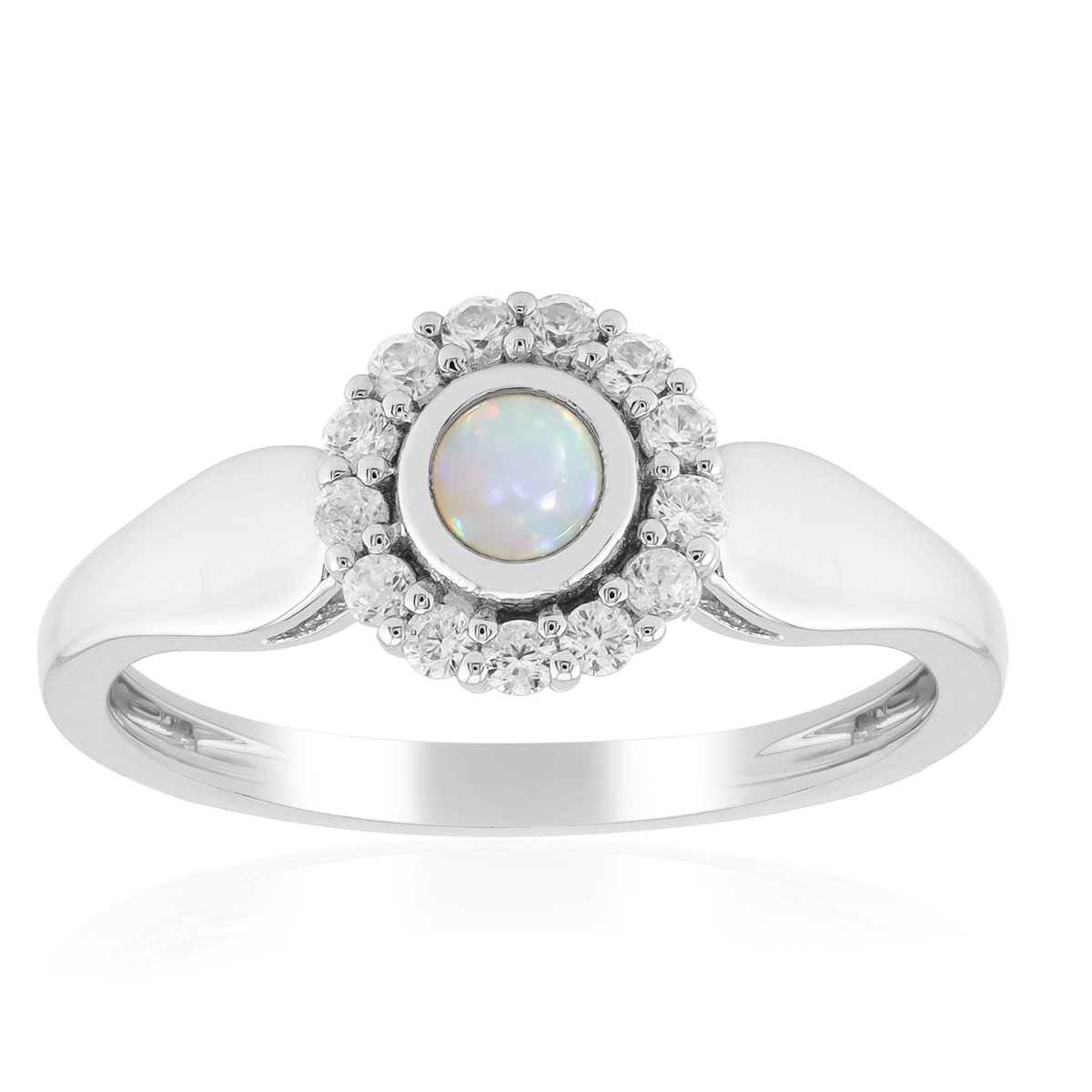 Cavill - Luxe Opaal Ring - 925 Sterling Zilver Geplatineerd - Australische Opaal 0,095 ct - 13 Zirkonia's 0,259 ct - Ronde Cabochon
